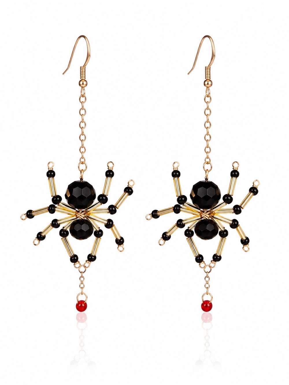 Gold and Black Beaded Spider Dangle Earrings